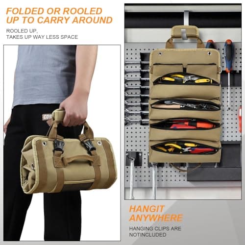 Adiwo Tool Bag, Foldable Roll Up Heavy Duty Bag Organizer, Tool Roll Pouch with 2 Detachable Tool Pouch, Multi Purpose Organizer for Mechanics, Great Gifts for Grandpa Dad Boyfriend, Khaki — view 5