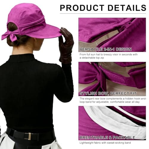 ADUDVLO Sun Hats for Women UK, Stylish UPF 50+ 2-in-1 Detachable Top & Adjustable Visor, Foldable Packable Wide Brim Beach Hat for Travel & Outdoor (Purple Red) — view 4