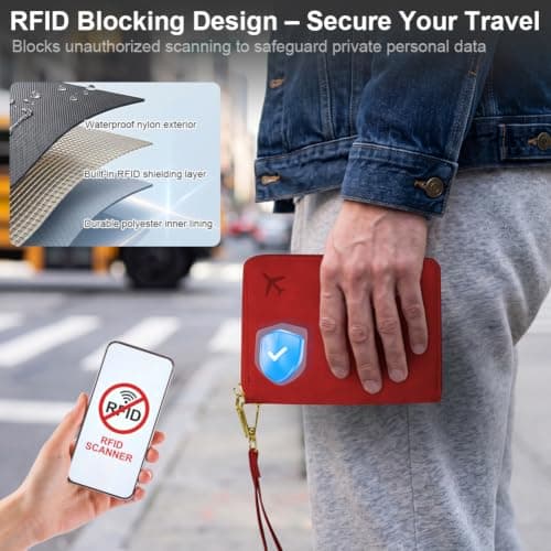 AOOSU Travel Wallet, Family Passport Holder, RFID Blocking Travel Accessories Document Organiser, Travels Document Holder for Tickets Waterproof Cover Holiday Essentials Case for Man & Woman Red — view 4