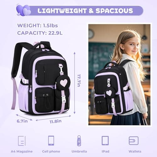 QIXIHU School Bag for Girls, Cute Aesthetic Kids Backpack for Primary School, Large Casual Rucksack Travel Bookbag with Heart Coin Purse — view 3