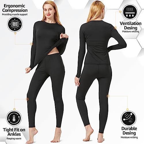 UNIQUEBELLA Womens Thermal Underwear Set,Crew Neck Long Sleeved Base Layer Top & Leggings Multifunctional Home Thermal Base Layers for Sports Skiing Black — view 2