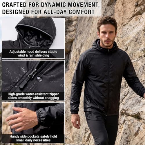 Zouwel Men's Waterproof Hooded Jacket,Lightweight Windproof Packable Raincoat,Portable Sun Protection Outdoor Hiking Rain Jacket No Pocket (UK, Alpha, XL, Regular, Regular, BLack) — view 5