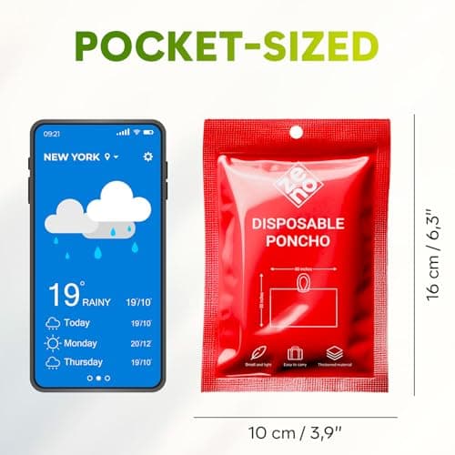 ZENO Rain Poncho Waterproof Adult - Festival Poncho - Waterproof, Disposable, Clear with Hood - Emergency Rain coat for Hiking, Cycling, Camping, Concert - Pack of 4 - Red Rush Edition — view 5