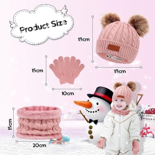 Flintronic 3PCS Kids Beanie Hat Scarf Gloves Set, 3 In 1 Knit Warm Toddler Winter Cap Gloves Neck Warmer, Thick Warm Accessories Sets for Boys Girls of 1-5 Years, Pink — view 2