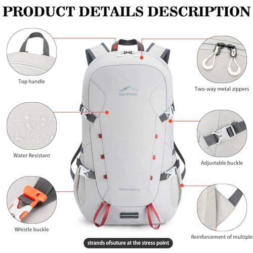 BAGPARKK 35L Lightweight Packable Travel Hiking Backpack Daypack,Water Resistant Camping Daypack (Light Gray) — view 5