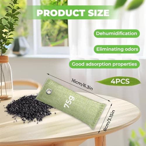 4 Pack Reusable Bamboo Charcoal Air Purifying Bags, 16x8 cm Odour Remover — view 2