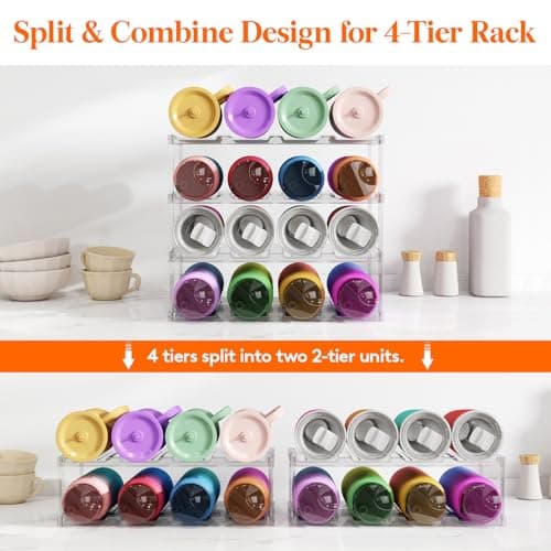 Lifewit Stackable Water Bottle Storage Organiser, Wine Bottle Holder for Cupboard, Plastic Large Compartment Tumbler organiser, Clear Wine Rack, Mug Cup Holder for Kitchen Storage, 4 Tier Hold 16 — view 3