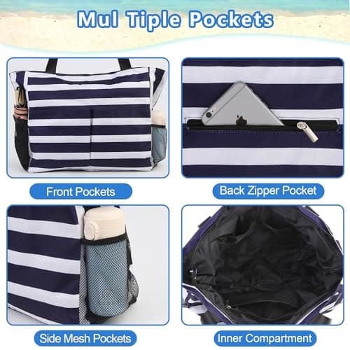 TAHAVICE Large Beach Bags for Women, Waterproof Summer Beach Tote Bag with Zip and 8 Pocket, Holiday Lightweight Bags for Travel & Pool — view 6