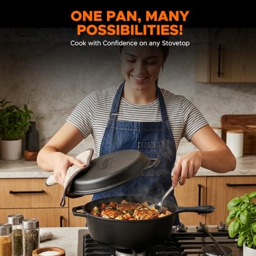 KICHLY Combo Cooker Cast Iron Dutch Oven with Lid 2 in1, Pre-seasoned Multi Cookware Skillet, 3.2QT Cast Iron Pan Dutch Oven Deep Pot with Frying Pan 10.25 Inch, Grill Induction Stovetop Camping — view 5