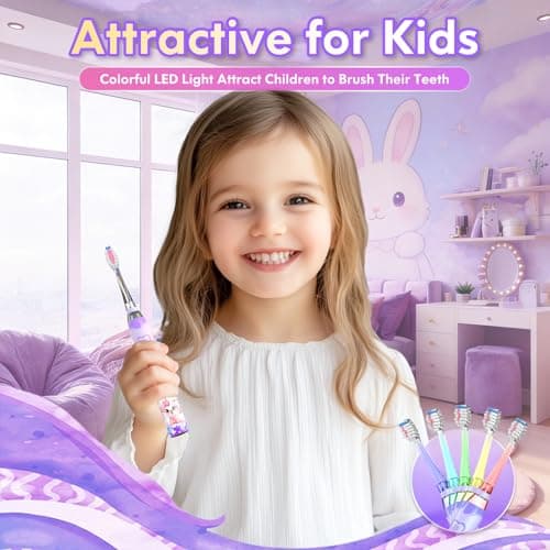 Kids Electric Toothbrush 3-5-6-12, Toddler Toothbrush Girls Electric Toothbrush with Timer Rainbow LED Light Up Sonic Battery Powered Junior Childrens Electric Tooth Brush (Purple Rabbit) — view 2