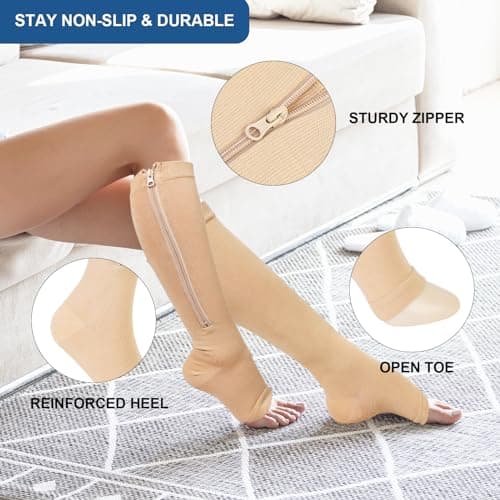 QKURT 2 Pairs Medical Compression Socks, Open Toe Calf Socks Knee High Calf Compression Socks 15-20 mmhg Compression Sports Health Socks with Zipper for Women Men — view 2