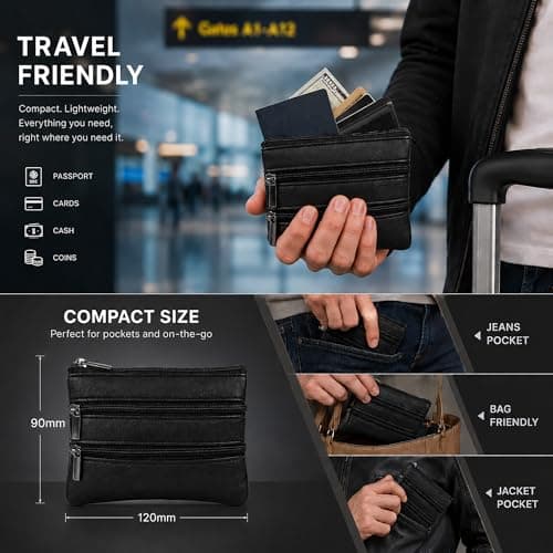 Black Genuine Leather Coin Pouch Wallet Double Zip Compact Travel Purse for Men & Women | Small Coin, Card & Cash Organizer — view 3