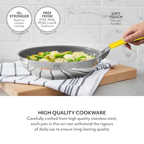 Sur La Table 5 Piece Yellow Colour Me Happy Cookware Set, 16/18/20cm Saucepans, 24/28cm Frying Pans, 360° Pouring Lips, Comfortable Yellow Grip, Stainless Steel, Induction Compatible, SLT800310YLW — view 3