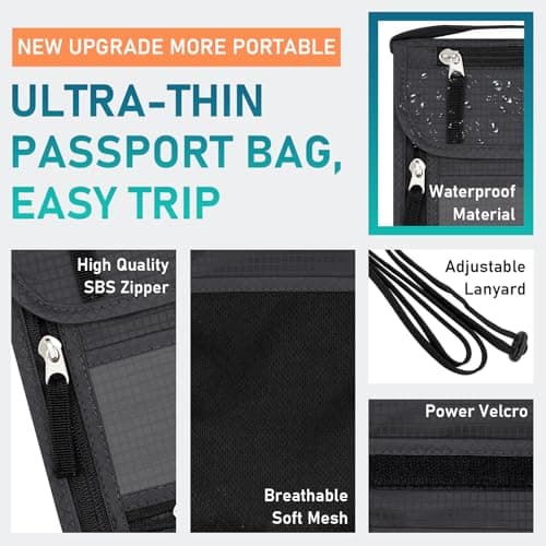 sundee Travel Neck Wallet with RFID Blocking for Men and Women, Passport Holder and Neck Pouch with Adjustable Lanyard Strap, Slim Wallet with Zipper Pockets to Keep Cash Cards Phone Safe -Dark Gray — view 4