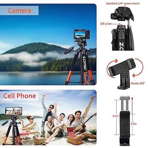 ZOMEI 188cm/74" Aluminum Extra-high Lightweight Travel Camera Tripod Orange — view 6