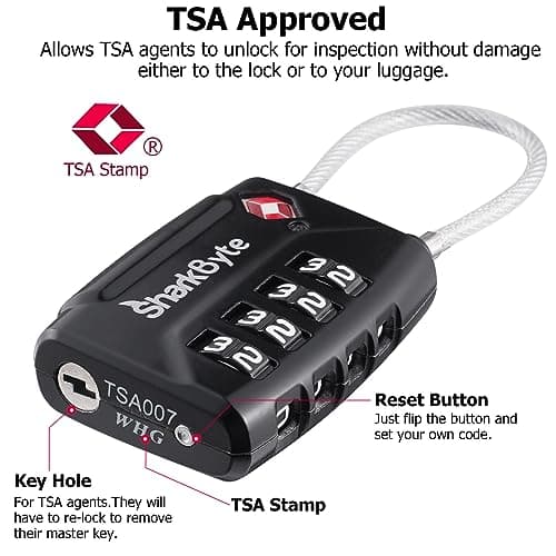 SharkByte TSA Approved Suitcase Locks - 4-Dial Security Travel Combination Padlock, Flexible Cable Wire Travel Lock for Suitcases, Luggage Locks, Travel Bag Gym Locker Small PadLock with code (2 Pack) — view 2