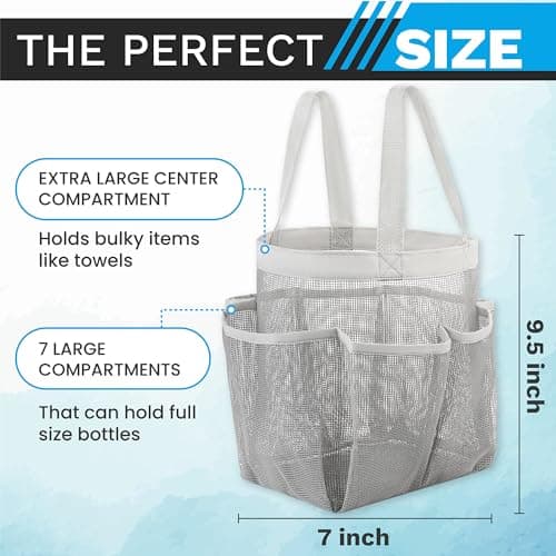 Handy Laundry Mesh Shower Caddy - 7 Pocket Portable Bathroom Organizer Tote for Travel, Gym & Dorm - Collapsible Small Shower Caddy Bag to Hold Toiletries & Essentials (Grey) — view 3