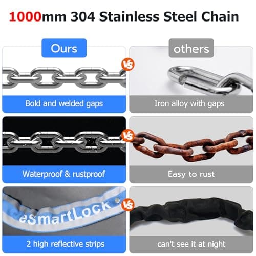 Chain Lock eLinkSmart Keyless Waterproof Bike Lock 100CM for Bicycle Scooter Motorcycle Door Fence Gate Fingerprint Bluetooth App Heavy Duty Security Blue 2024 New — view 2