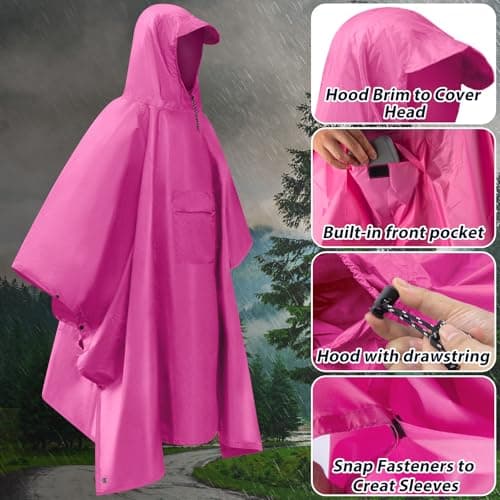 Dr.Fish Waterproof Rain Poncho for Adults, Lightweight Hooded Rain Coat Jacket with Pockets, Breathable Ripstop Rainwear for Hiking Camping Cycling, Packable with Storage Bag Pink — view 4