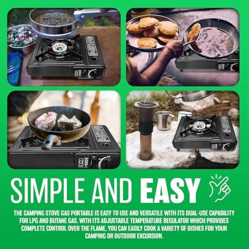 Portable Gas Cooker Camp Stove + 8 Butane Gas Canisters - For Outdoor Camping, Fishing, Cooking & BBQ | Premium Burner, Automatic Ignition & Heat Control, EN417 Compliant - Black Grill & Carry Case — view 3