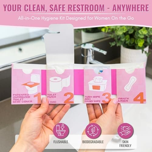 The Restroom Kit Plus: All-in-One Hygiene Travel Kit for Women, 12-Pack with Panty Liner, Patented Seat Cover, 3-Ply Toilet Paper, and Wipes — view 2