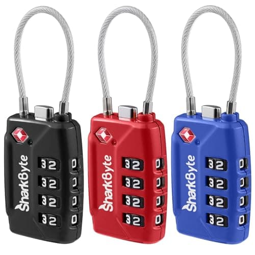 SharkByte TSA Approved Luggage Locks - 4-Digit Combo, (3 Pack) Flexible Wire Cable for Suitcases & Bags (10,000 Combinations)