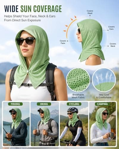 Cooling Hoodie Towel UPF 50 Sun Protection Neck Gaiter, 2 Pack Breathable UV Head Scarf with Cooling Face Mask, Storage Bag & Carabiner, Quick Dry Cooling Hood for Fishing Hiking Cycling Outdoor — view 6