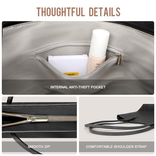 Laxee Handbags for Women, Large PU 15.6 Inch Laptop Tote Bag with Zip and Laptop Pocket, Simple Waterproof Ladies Handbag Shoulder Bag, Elegant Tote Bags for School Work Travel Shopping(Black-L) — view 5