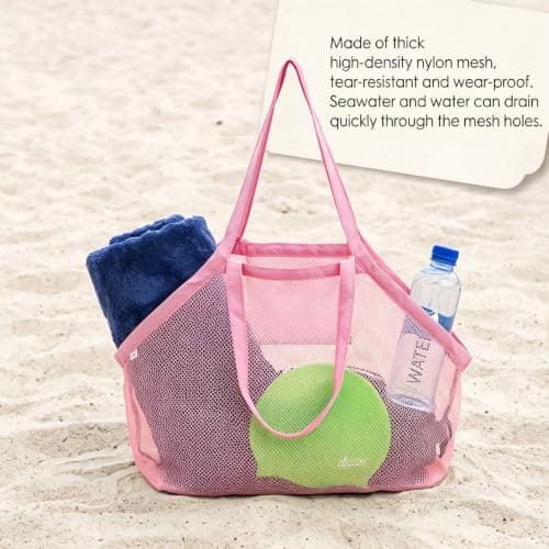 Large Mesh Beach Bag,Beach Toy Bag for Kids,Mesh Beach Bags,Foldable Toys Net Tote Bags Waterproof Lightweight for Sand Storage for Wet Towels Swim Pool Travel Essentials Accessories (40x24x38 cm) — view 4