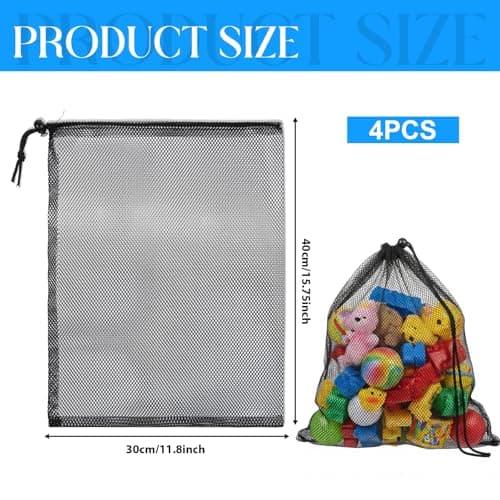 4 Pcs Mesh Backpack Drawstring Black, 11.8 x 15.75 Inch Portable Nylon Storage Bags, Strong, Lightweight, Breathable Mesh Bag for Swimming, Sports, Gym, Beach, Laundry, Outdoor activities (Black) — view 2
