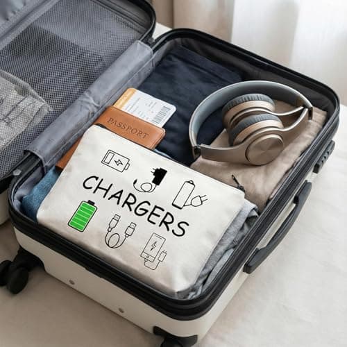 Cable Organiser Bag, Cream Zip Travel Charger Pouch for Electronics — view 3