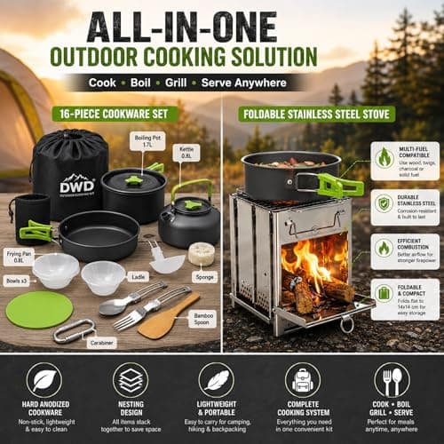 DWD® Complete Outdoor Cooking Kit – 16-Piece Camping Cookware Set with Pots, Pans, Kettle, Folding Stainless Steel Stove, Multi-Fuel Grill, and Travel Bag for Camping, Hiking, Backpacking, and Picnics — view 2