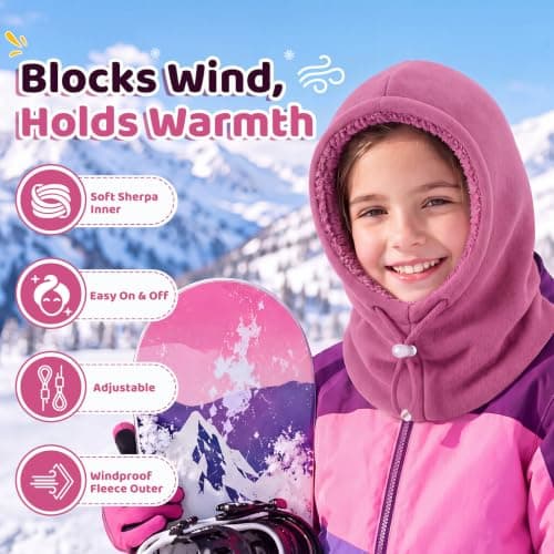 Beehow Kids Balaclava Winter Windproof Fleece Hat – Ski Mask for Boys Girls, Soft Sherpa Lined Stretch Fit for 6-12 Years (Rose Red) — view 2