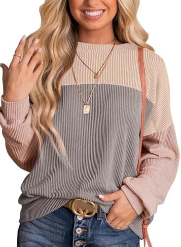 Daspkuwy Women Tops Crew Neck Colour Block Spring Womens Oversized Jumper Casual Loose Comfortable Long Jumpers for Women UK Size 22-24 Light Grey