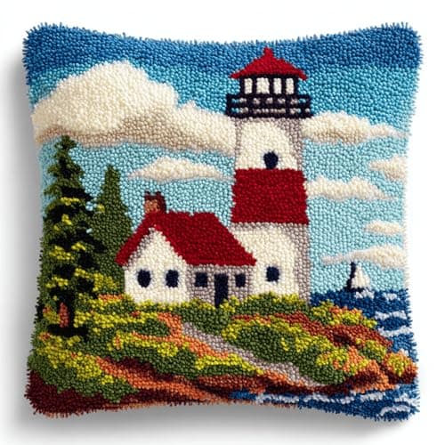 XDEGHUANGSS Latch Hook Kit for Adults Beginners,Lighthouse and Cabin Pre-Printed Canvas Cushion Cover Making Kit,DIY Crochet Wool Yarn Craft Set,Hobbies Home Sofa Decor,Gift for Women