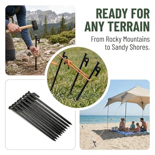Suwimut 12 Pack Tent Stakes, 12 inch/30cm Black Forged Heavy Duty Steel Tent Pegs for Nailing Tents, Canopies, Tarps, Metal Ground Stakes for Outdoor Camping, Hiking, Backpacking — view 5