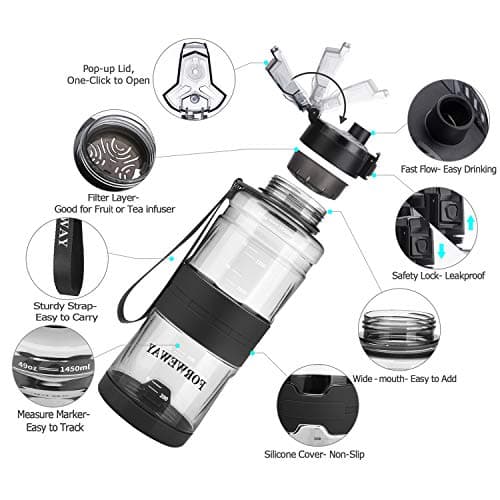 FORWEWAY BPA-Free Large Water Bottle Tritan Leakproof Plastic Water Bottle with Filter Reusable Big Drink Water Bottles Durable for Fitness Outdoor Camping Hiking (1.5L Black) — view 4