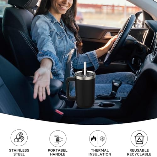 WATERSY Travel Mug Coffee Cup 40oz Tumbler Straw Lid and Handle, Stainless Steel Double Wall Vacuum Insulated Coffee Water Bottle for Cold Hot Coffee 1182ml Black — view 6