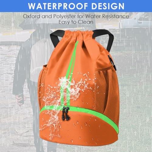BROTOU Unisex Drawstring Backpack, Waterproof Gym Bag, Large Oxford PE Pack, Students School Backpack, Durable Sports Ball Bag, with Shoe Bag (A, Orange) — view 6