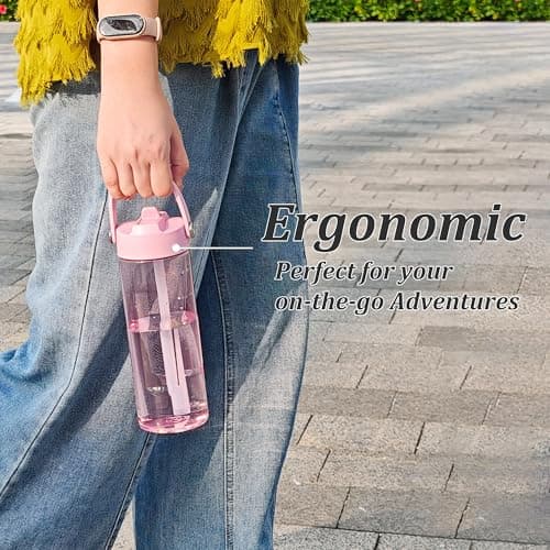 GOPPUS 600ml/20oz Clear Water Bottle with Straw, Tritan Leakproof Sports Drinking Bottle, BPA Free Wide Mouth Gym Bottle with Handle and Measurement Marks for School, Gym, Travel (Pink) — view 6