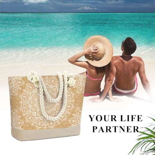 Fokongna Beach Bags Waterproof Sandproof Tote Bag Travel Bags for Women 1267-1297, Gold Mandala, 18"x14.5"x6", Gold Mandala — view 5