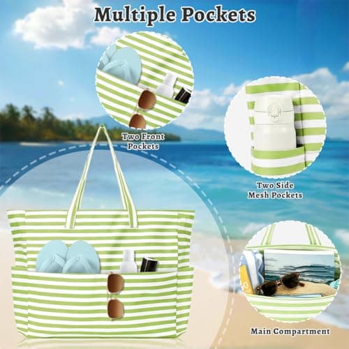 flintronic Extra Large Lightweight Beach Bag, Waterproof Beach Tote Bag with Zip, Foldable Shoulder Bag for Women, Reusable Shopping Bag, for Beach Travel Holiday Swimming Picnic — view 4
