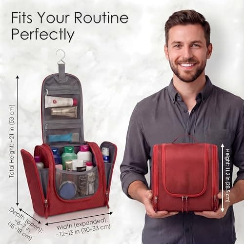 bago Travel Toiletry Bag for Women and Men X-Large Waterproof Hanging Large Toiletry Bag for Bathroom and Travel Bag for Toiletries Organizer - Makeup Bag (Red) — view 3