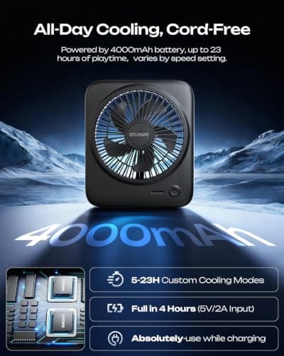 Otlonpe Portable Desk Fan, 4000mAh Small Rechargeable Quiet Personal Fan Battery-Operated & USB-Powered for Table, Travel, Bedroom, Sleeping, Office, Home Use, Cordless, 4-Speed, 6.5 Inches (Black) — view 3