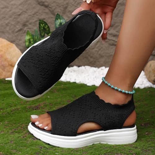 Sandals Women's Breathable Women's Wedge Sandals with Soft Sole Toe Cap Mesh Fabric, Open Toe Fashionable Versatile Summer Shoes, Women's Sandals Summer for Beach Travel, black, 9 UK — view 3