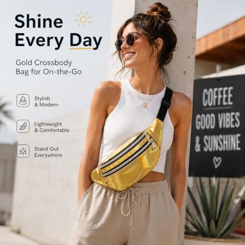 IPQNQVEY Waist Bag Women's Bum Bag Fashion Waterproof Bum Bag Women Belt Bag Compartments with 3 Compartments Adjustable Strap Waist Bag for Sports Travel Hiking Outdoor Travel (Gold) — view 5