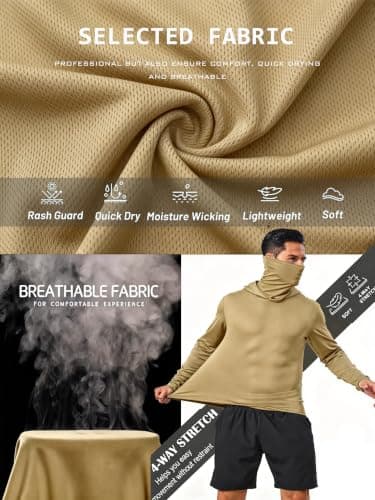 5 Pack Mens Hoodie Shirts Sun Protection Lightweight Quick Dry Rash Guard with Face Mask for Outdoor Fishing Active Wear, 5pc-khaki, Large — view 4