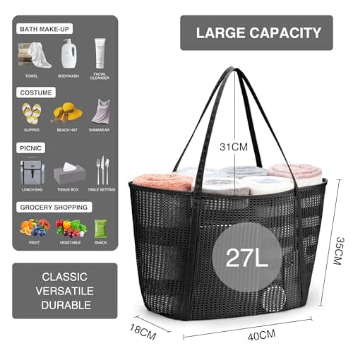 KALIDI FANCY FOREST Foldable Mesh Beach Bag with Zip, 27L Large Mesh Tote Bags for Women Ladies Summer Beach Tote Bag for Holiday Travel,Black — view 4