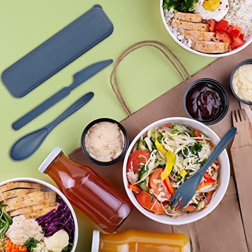 Reusable Travel Portable Cutlery Set with Case, Plastic Knife Fork Spoon Set, Camping Cutlery Utensils Set for Picnic Travel Camping Work School or Daily Use（Dark Blue — view 2
