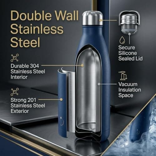 A2Z Stainless Steel Water Bottle 500ml Vacuum Insulated Flask Double Wall Leakproof Reusable Drinks Bottle for Hot & Cold Drinks Gym Travel 27x7cm 0.36kg Black Navy Pink Beige — view 3